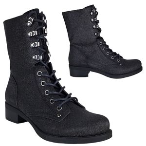 New G guess mariser lace zip up block heel black glitter combat boots